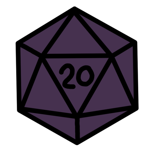 A dark purple icosahedron, which is a sort of sphere with 20 flat faces, with a 20 on one side.